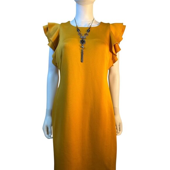 Tommy Hilfiger Mustard Ruffle Sleeve Shift Midi Dress Size 10 Polyester EUC - Picture 3 of 11